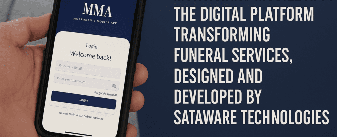Hand holding a smartphone with the Morticians Mobile App login screen, beside a headline introducing the app as a digital solution for funeral services, developed by Sataware Technologies.